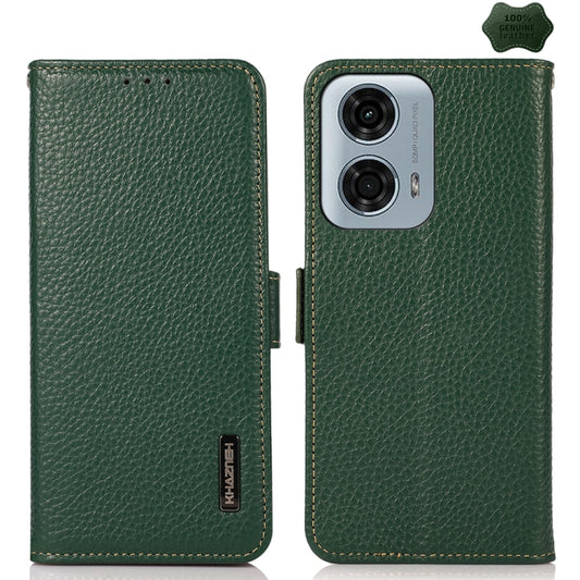For Motorola Moto G34 KHAZNEH Side-Magnetic Litchi Genuine Leather RFID Phone Case(Green) - Motorola Cases by buy2fix | Online Shopping UK | buy2fix