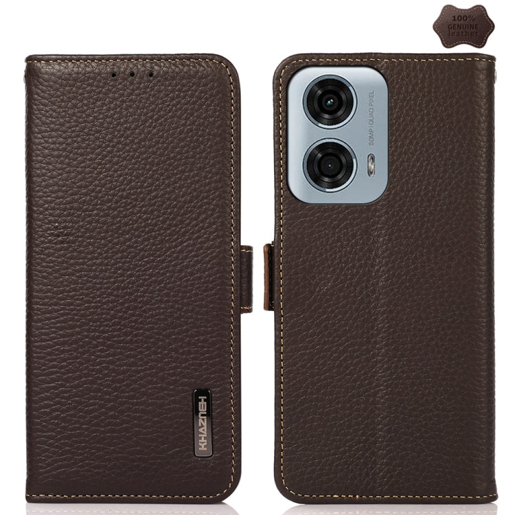 For Motorola Moto G34 KHAZNEH Side-Magnetic Litchi Genuine Leather RFID Phone Case(Brown) - Motorola Cases by buy2fix | Online Shopping UK | buy2fix