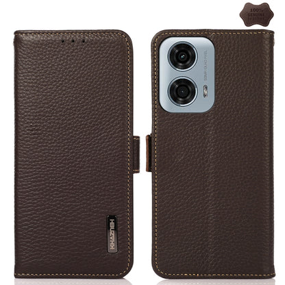 For Motorola Moto G34 KHAZNEH Side-Magnetic Litchi Genuine Leather RFID Phone Case(Brown) - Motorola Cases by buy2fix | Online Shopping UK | buy2fix