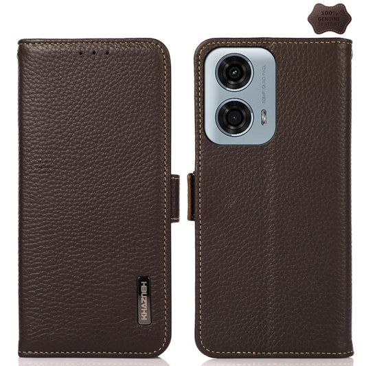 For Motorola Moto G34 KHAZNEH Side-Magnetic Litchi Genuine Leather RFID Phone Case(Brown) - Motorola Cases by buy2fix | Online Shopping UK | buy2fix