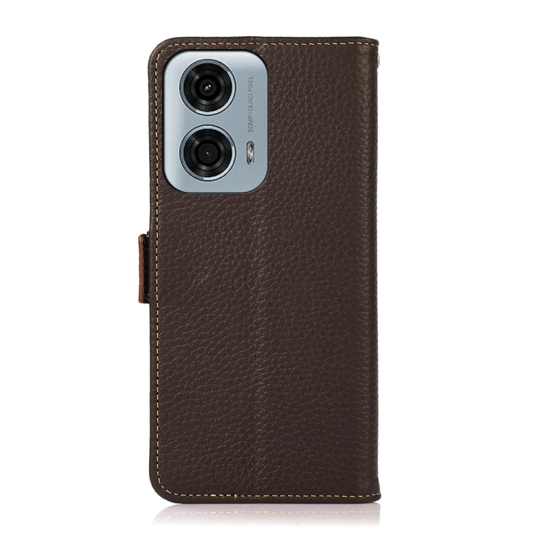 For Motorola Moto G34 KHAZNEH Side-Magnetic Litchi Genuine Leather RFID Phone Case(Brown) - Motorola Cases by buy2fix | Online Shopping UK | buy2fix