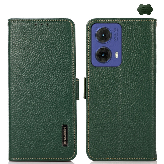 For Motorola Moto G85 KHAZNEH Side-Magnetic Litchi Genuine Leather RFID Phone Case(Green) - Motorola Cases by buy2fix | Online Shopping UK | buy2fix