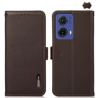 For Motorola Moto G85 KHAZNEH Side-Magnetic Litchi Genuine Leather RFID Phone Case(Brown) - Motorola Cases by buy2fix | Online Shopping UK | buy2fix