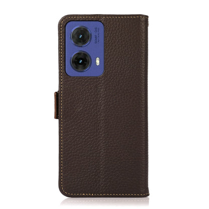 For Motorola Moto G85 KHAZNEH Side-Magnetic Litchi Genuine Leather RFID Phone Case(Brown) - Motorola Cases by buy2fix | Online Shopping UK | buy2fix