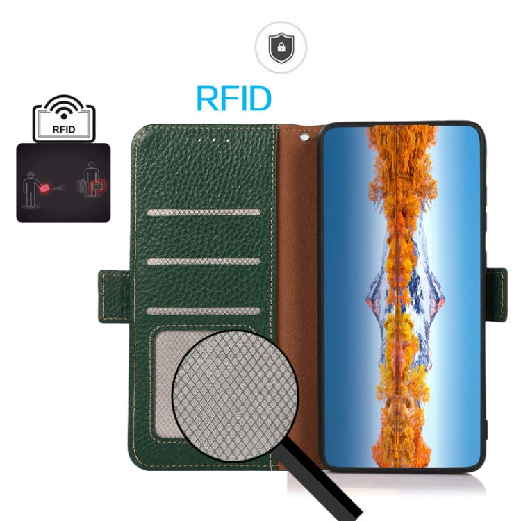 For Motorola Edge 50 Neo 5G / Moto S50 5G KHAZNEH Side-Magnetic Litchi Genuine Leather RFID Phone Case(Green) - Motorola Cases by buy2fix | Online Shopping UK | buy2fix