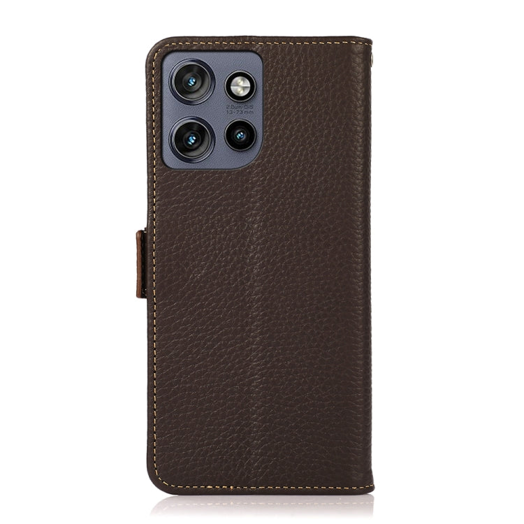 For Motorola Edge 50 5G KHAZNEH Side-Magnetic Litchi Genuine Leather RFID Phone Case(Brown) - Motorola Cases by buy2fix | Online Shopping UK | buy2fix