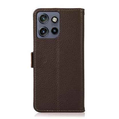 For Motorola Edge 50 5G KHAZNEH Side-Magnetic Litchi Genuine Leather RFID Phone Case(Brown) - Motorola Cases by buy2fix | Online Shopping UK | buy2fix