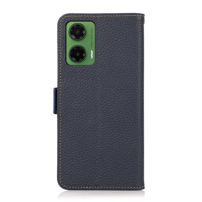 For Motorola Moto G35 KHAZNEH Side-Magnetic Litchi Genuine Leather RFID Phone Case(Blue) - Motorola Cases by buy2fix | Online Shopping UK | buy2fix
