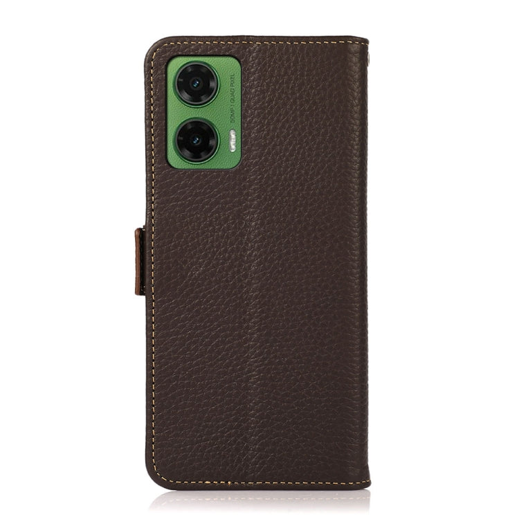 For Motorola Moto G35 KHAZNEH Side-Magnetic Litchi Genuine Leather RFID Phone Case(Brown) - Motorola Cases by buy2fix | Online Shopping UK | buy2fix