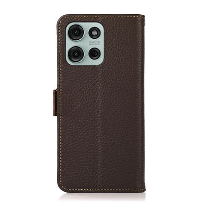 For Motorola Moto G75 5G KHAZNEH Side-Magnetic Litchi Genuine Leather RFID Phone Case(Brown) - Motorola Cases by buy2fix | Online Shopping UK | buy2fix