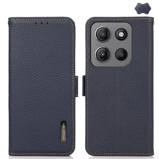 For Motorola Moto G15 4G / G05 KHAZNEH Side-Magnetic Litchi Genuine Leather RFID Phone Case(Blue)