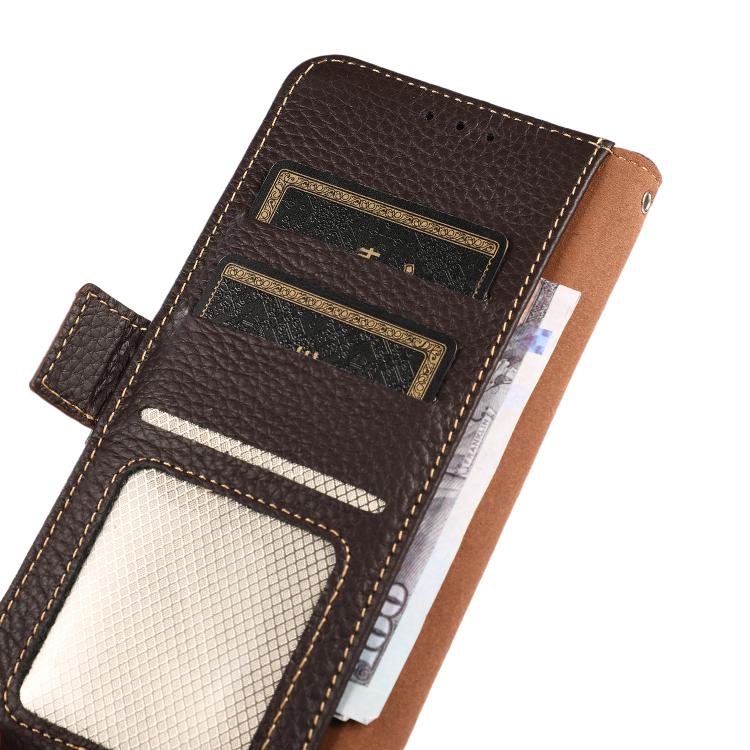 For Motorola Moto G15 4G / G05 KHAZNEH Side-Magnetic Litchi Genuine Leather RFID Phone Case(Brown) - Motorola Cases by buy2fix | Online Shopping UK | buy2fix