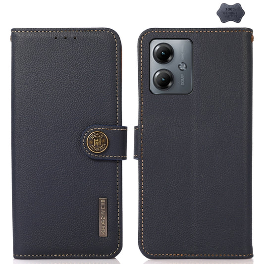 For Motorola Moto G14 4G KHAZNEH Custer Genuine Leather RFID Phone Case(Blue) - Motorola Cases by buy2fix | Online Shopping UK | buy2fix