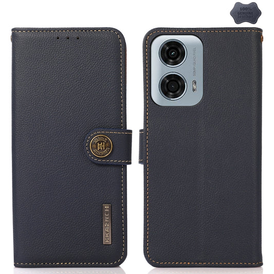 For Motorola Moto G24 KHAZNEH Custer Genuine Leather RFID Phone Case(Blue) - Motorola Cases by buy2fix | Online Shopping UK | buy2fix