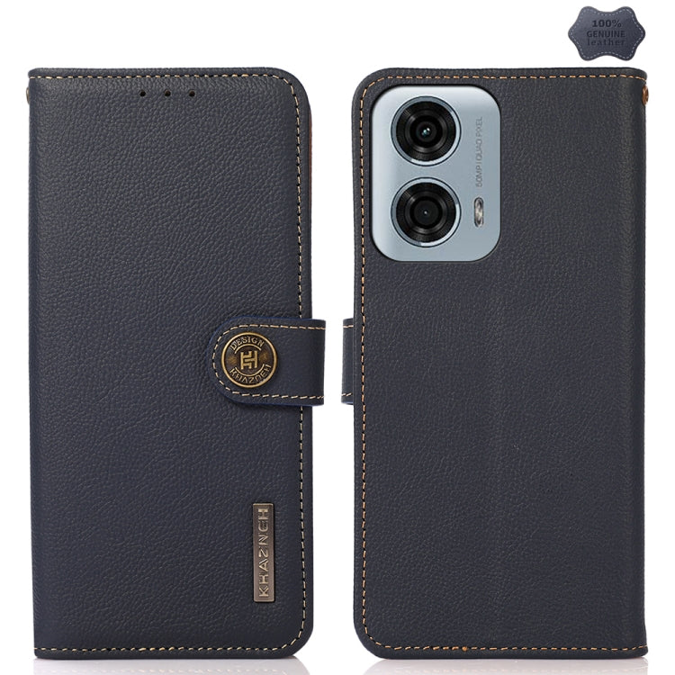 For Motorola Moto G34 KHAZNEH Custer Genuine Leather RFID Phone Case(Blue) - Motorola Cases by buy2fix | Online Shopping UK | buy2fix