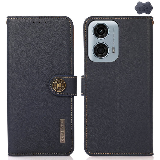 For Motorola Moto G34 KHAZNEH Custer Genuine Leather RFID Phone Case(Blue) - Motorola Cases by buy2fix | Online Shopping UK | buy2fix