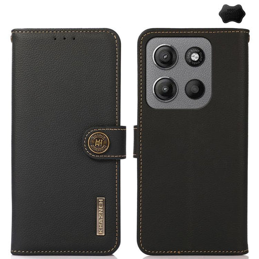 For Motorola Moto G15 4G KHAZNEH Custer Genuine Leather RFID Phone Case(Black) - Motorola Cases by buy2fix | Online Shopping UK | buy2fix