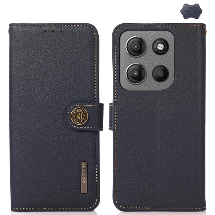 For Motorola Moto G15 4G KHAZNEH Custer Genuine Leather RFID Phone Case(Blue) - Motorola Cases by buy2fix | Online Shopping UK | buy2fix