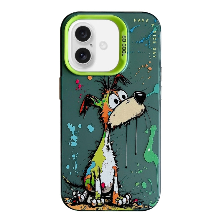 For iPhone 16 Animal Pattern Oil Painting Series PC + TPU Phone Case(Green Dog) by buy2fix