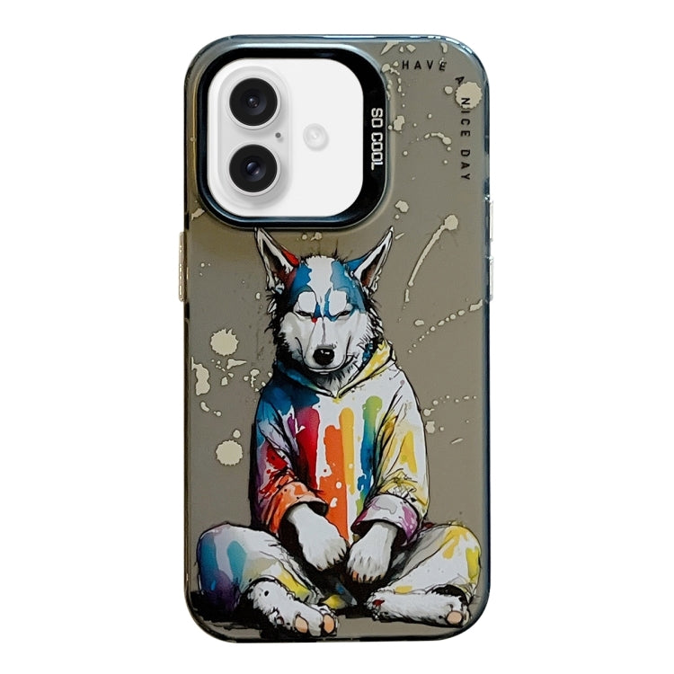 For iPhone 16 Animal Pattern Oil Painting Series PC + TPU Phone Case(Hoodie Dog) by buy2fix