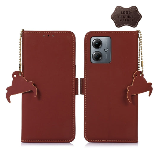 For Motorola Moto G14 4G Genuine Leather Magnetic RFID Leather Phone Case(Coffee) - Motorola Cases by buy2fix | Online Shopping UK | buy2fix