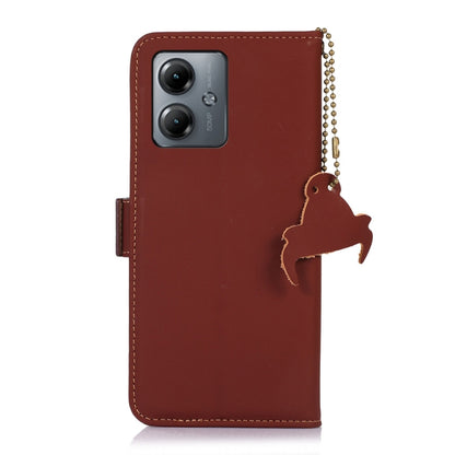 For Motorola Moto G14 4G Genuine Leather Magnetic RFID Leather Phone Case(Coffee) - Motorola Cases by buy2fix | Online Shopping UK | buy2fix