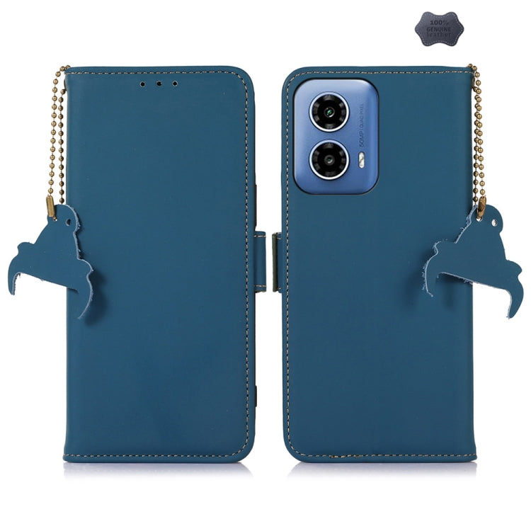 For Motorola Moto G34 Genuine Leather Magnetic RFID Leather Phone Case(Blue) - Motorola Cases by buy2fix | Online Shopping UK | buy2fix
