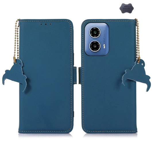 For Motorola Moto G34 Genuine Leather Magnetic RFID Leather Phone Case(Blue) - Motorola Cases by buy2fix | Online Shopping UK | buy2fix
