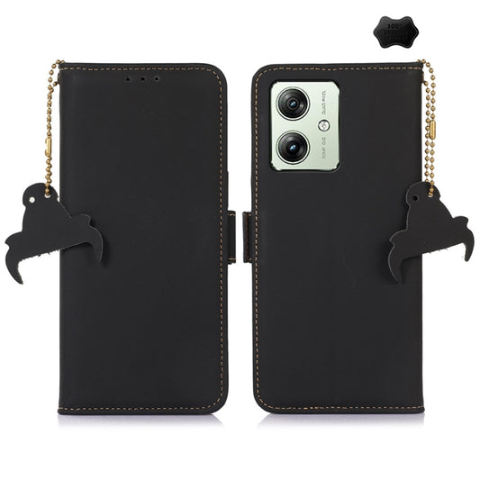 For Motorola Moto G64 5G Genuine Leather Magnetic RFID Leather Phone Case(Black) - Motorola Cases by buy2fix | Online Shopping UK | buy2fix