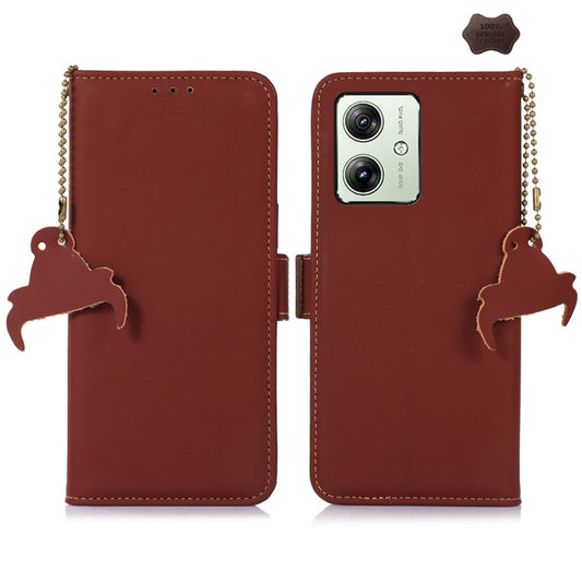 For Motorola Moto G64 5G Genuine Leather Magnetic RFID Leather Phone Case(Coffee) - Motorola Cases by buy2fix | Online Shopping UK | buy2fix