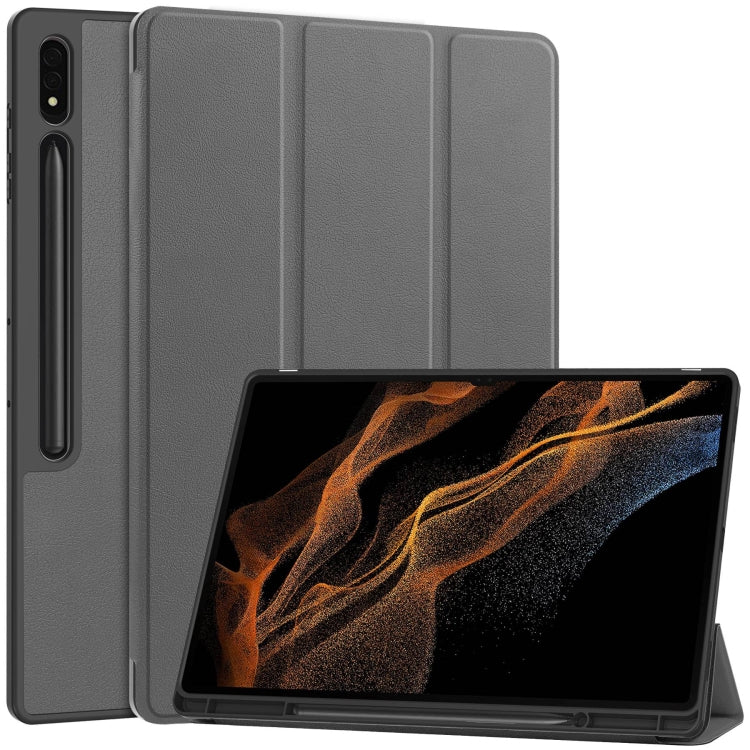 For Samsung Galaxy Tab S10 Ultra / S9 Ultra 3-Fold Pure Color TPU Smart Leather Tablet Case with Pen Slot(Grey) - Galaxy Tab S9 Ultra Cases by buy2fix | Online Shopping UK | buy2fix