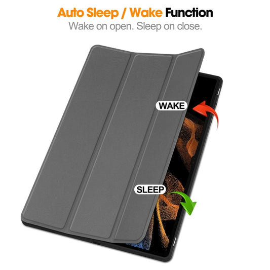 For Samsung Galaxy Tab S10 Ultra / S9 Ultra 3-Fold Pure Color TPU Smart Leather Tablet Case with Pen Slot(Grey) - Galaxy Tab S9 Ultra Cases by buy2fix | Online Shopping UK | buy2fix