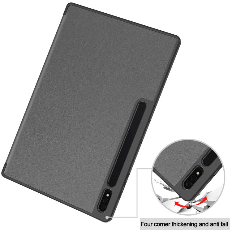 For Samsung Galaxy Tab S10 Ultra / S9 Ultra 3-Fold Pure Color TPU Smart Leather Tablet Case with Pen Slot(Grey) - Galaxy Tab S9 Ultra Cases by buy2fix | Online Shopping UK | buy2fix