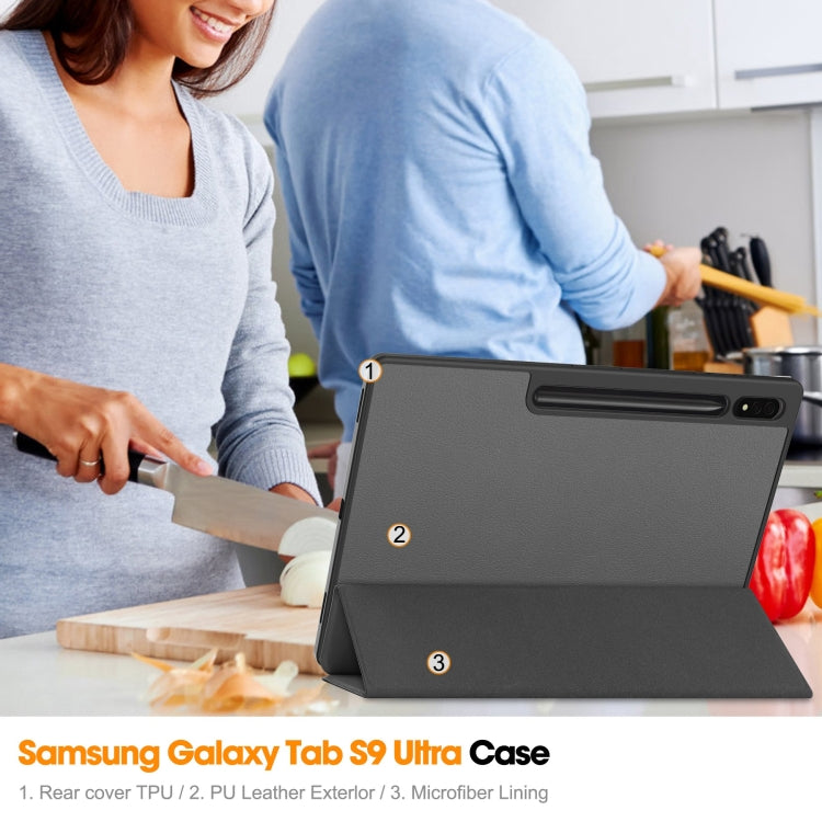 For Samsung Galaxy Tab S10 Ultra / S9 Ultra 3-Fold Pure Color TPU Smart Leather Tablet Case with Pen Slot(Grey) - Galaxy Tab S9 Ultra Cases by buy2fix | Online Shopping UK | buy2fix
