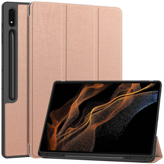 For Samsung Galaxy Tab S10 Ultra / S9 Ultra 3-Fold Pure Color TPU Smart Leather Tablet Case with Pen Slot(Rose Gold) - Galaxy Tab S9 Ultra Cases by buy2fix | Online Shopping UK | buy2fix