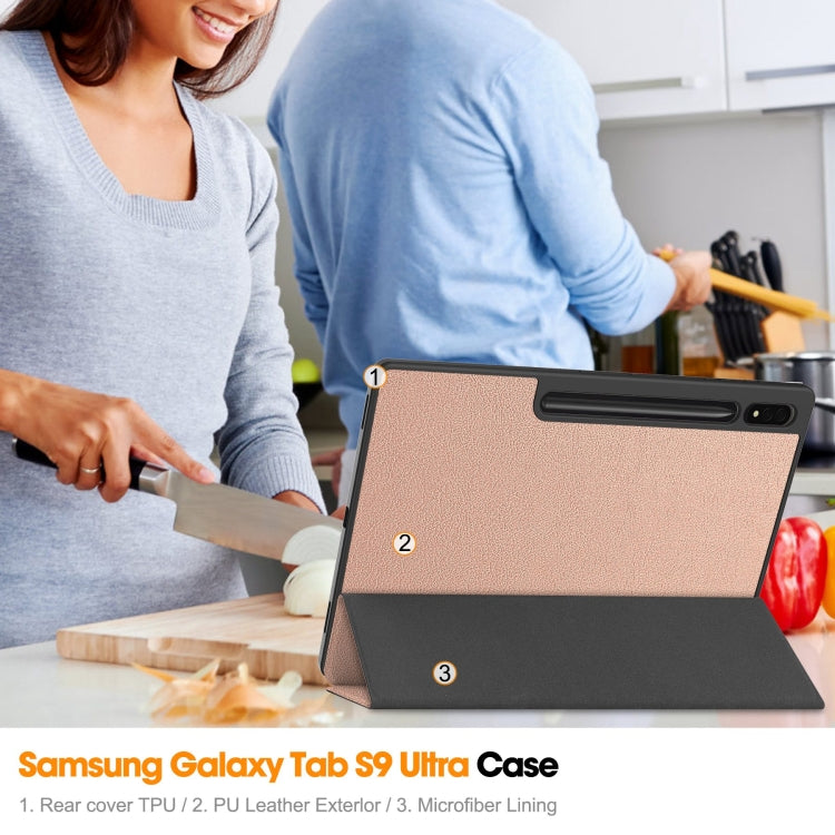 For Samsung Galaxy Tab S10 Ultra / S9 Ultra 3-Fold Pure Color TPU Smart Leather Tablet Case with Pen Slot(Rose Gold) - Galaxy Tab S9 Ultra Cases by buy2fix | Online Shopping UK | buy2fix