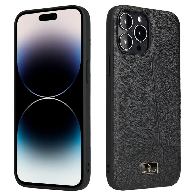 For iPhone 15 Pro Max Fierre Shann Leather Texture Phone Back Cover Case(Ox Tendon Black) by FIERRE SHANN
