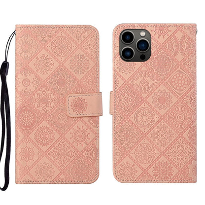 For iPhone 16 Pro Max Ethnic Style Embossed Pattern Leather Phone Case(Pink) by buy2fix