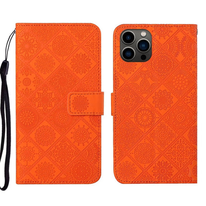 For iPhone 16 Pro Max Ethnic Style Embossed Pattern Leather Phone Case(Orange) by buy2fix
