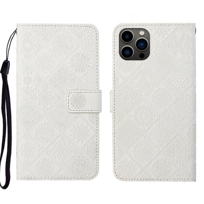 For iPhone 16 Pro Max Ethnic Style Embossed Pattern Leather Phone Case(White) by buy2fix