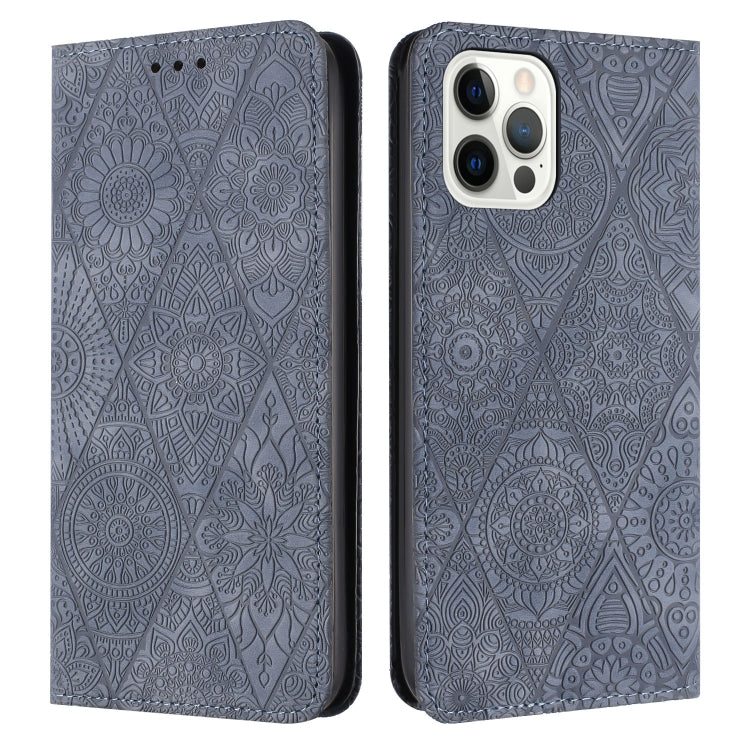 For iPhone 16 Pro Ethnic Embossed Adsorption Leather Phone Case(Grey) by buy2fix