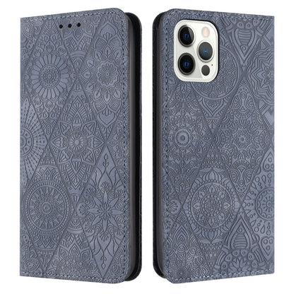 For iPhone 16 Pro Ethnic Embossed Adsorption Leather Phone Case(Grey) by buy2fix