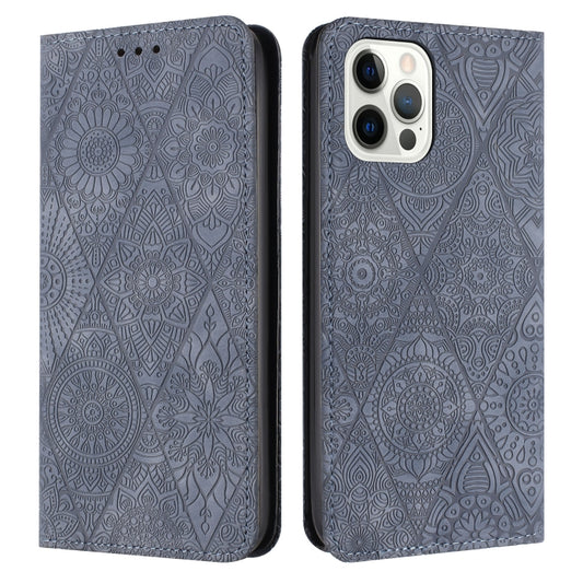 For iPhone 16 Pro Ethnic Embossed Adsorption Leather Phone Case(Grey) by buy2fix