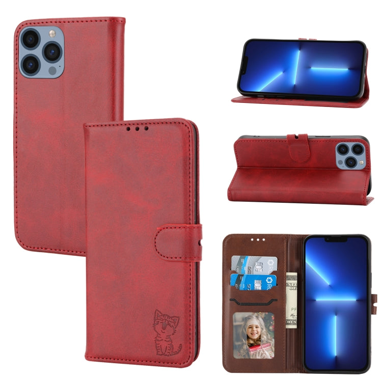 For iPhone 16 Pro Max Embossed Happy Cat Pattern Flip Leather Phone Case(Red) by buy2fix
