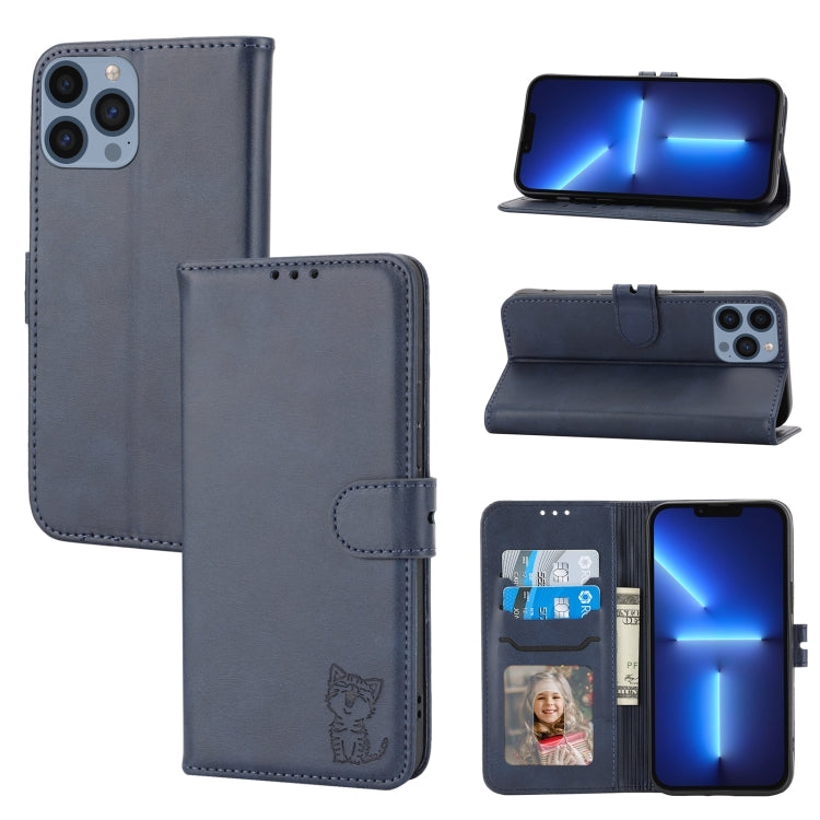 For iPhone 16 Pro Embossed Happy Cat Pattern Flip Leather Phone Case(Blue) by buy2fix
