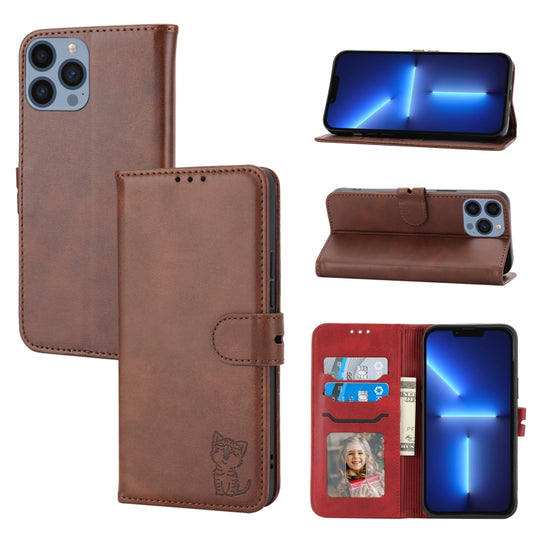 For iPhone 16 Pro Embossed Happy Cat Pattern Flip Leather Phone Case(Brown) by buy2fix