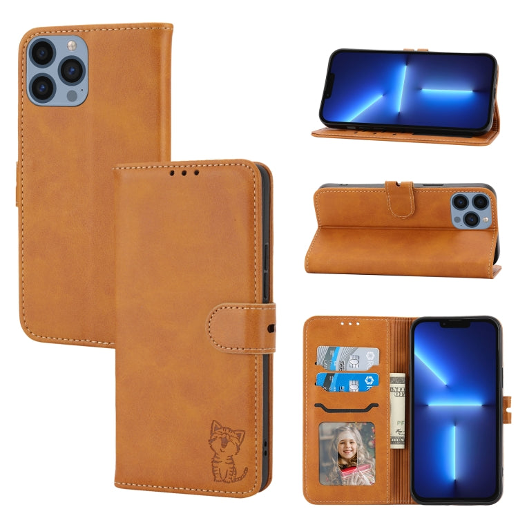 For iPhone 16 Pro Embossed Happy Cat Pattern Flip Leather Phone Case(Yellow) by buy2fix