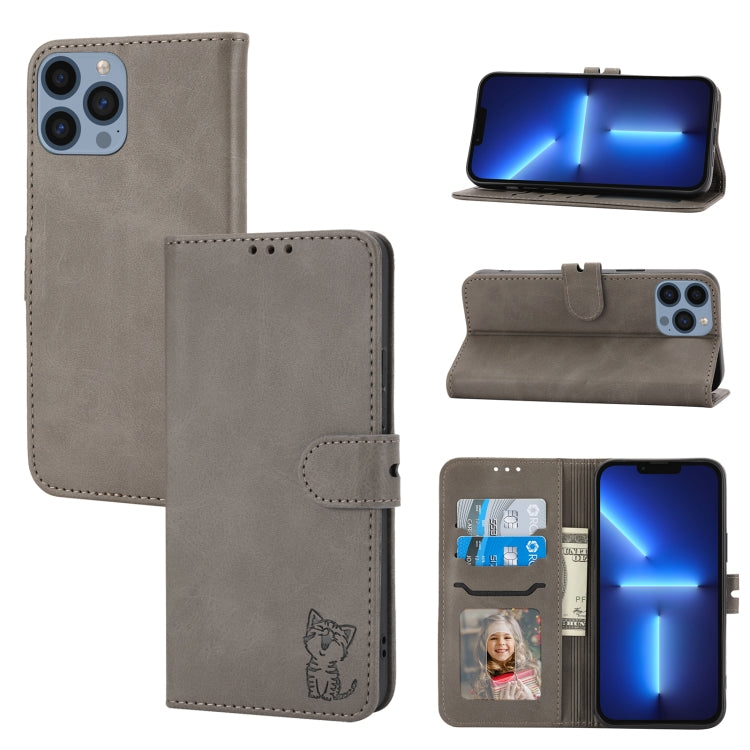 For iPhone 16 Pro Embossed Happy Cat Pattern Flip Leather Phone Case(Grey) by buy2fix
