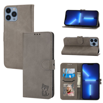 For iPhone 16 Pro Embossed Happy Cat Pattern Flip Leather Phone Case(Grey) by buy2fix