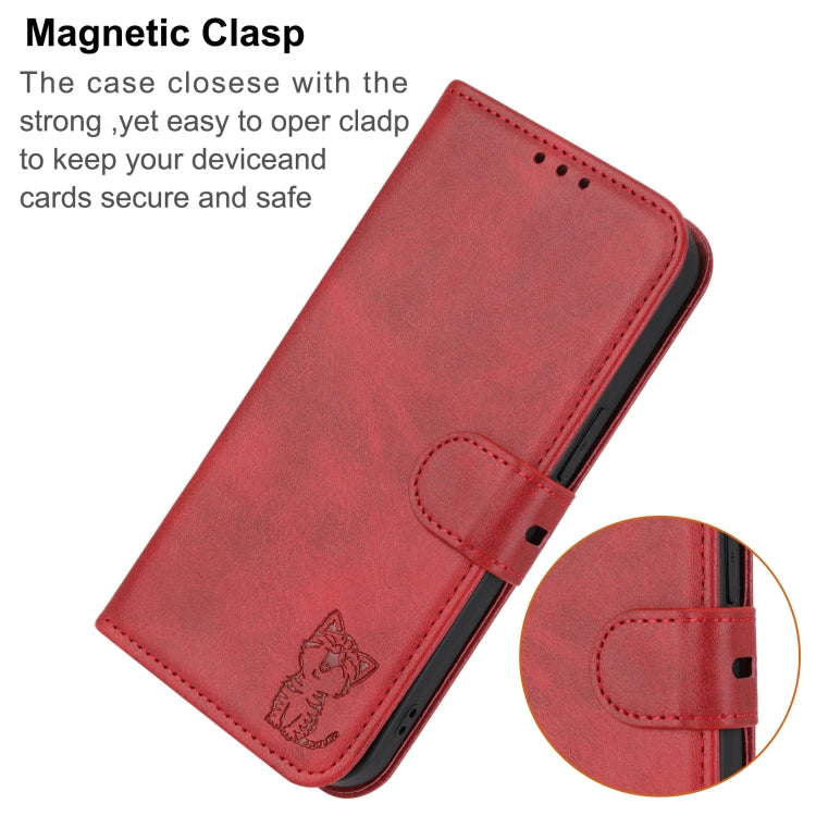 For iPhone 16e Embossed Happy Cat Pattern Flip Leather Phone Case(Red) by buy2fix